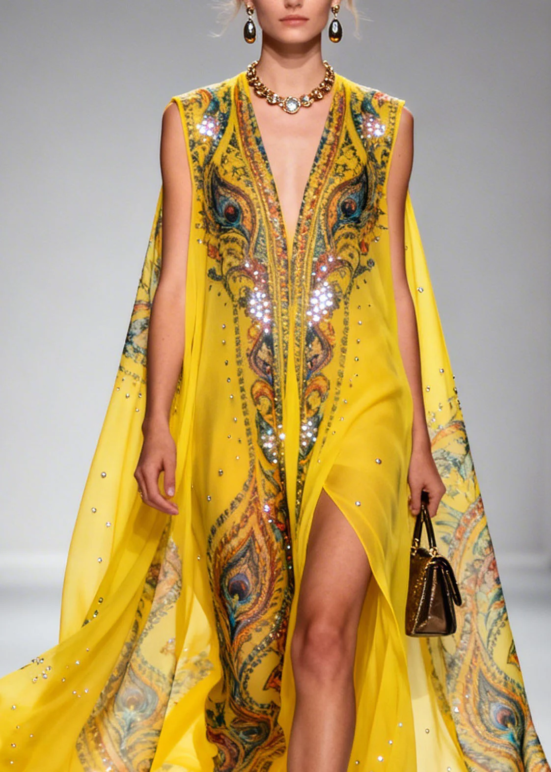 Original Design Yellow V Neck Print Zircon Chiffon Dress Summer - Image 2