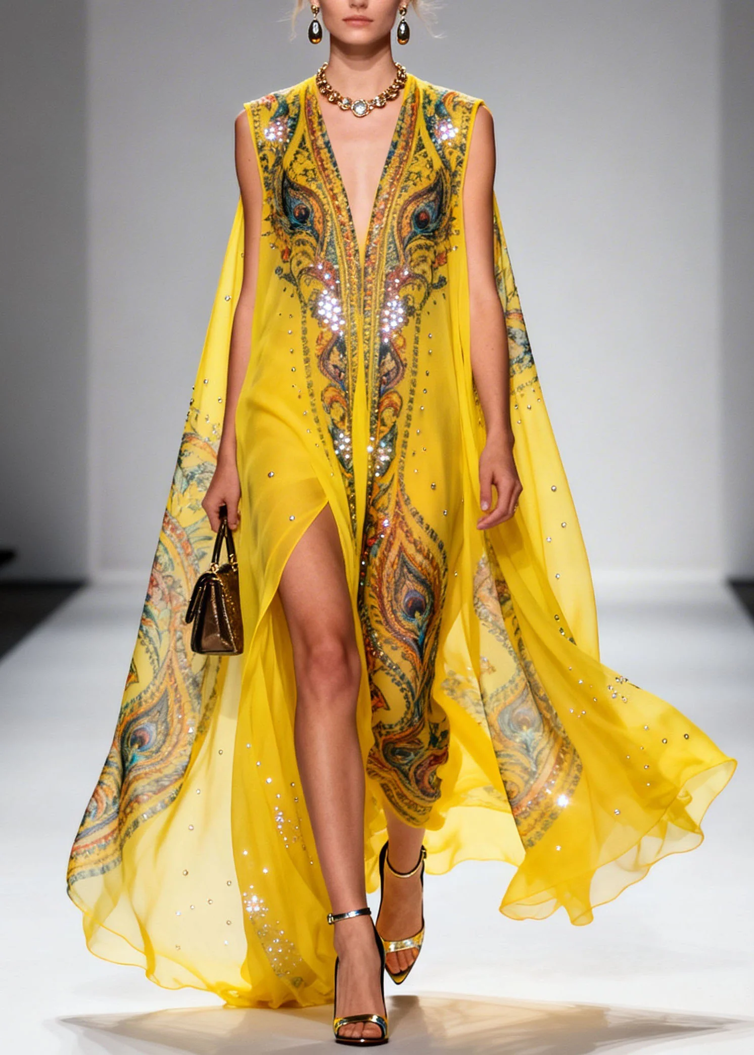 Original Design Yellow V Neck Print Zircon Chiffon Dress Summer - Image 3