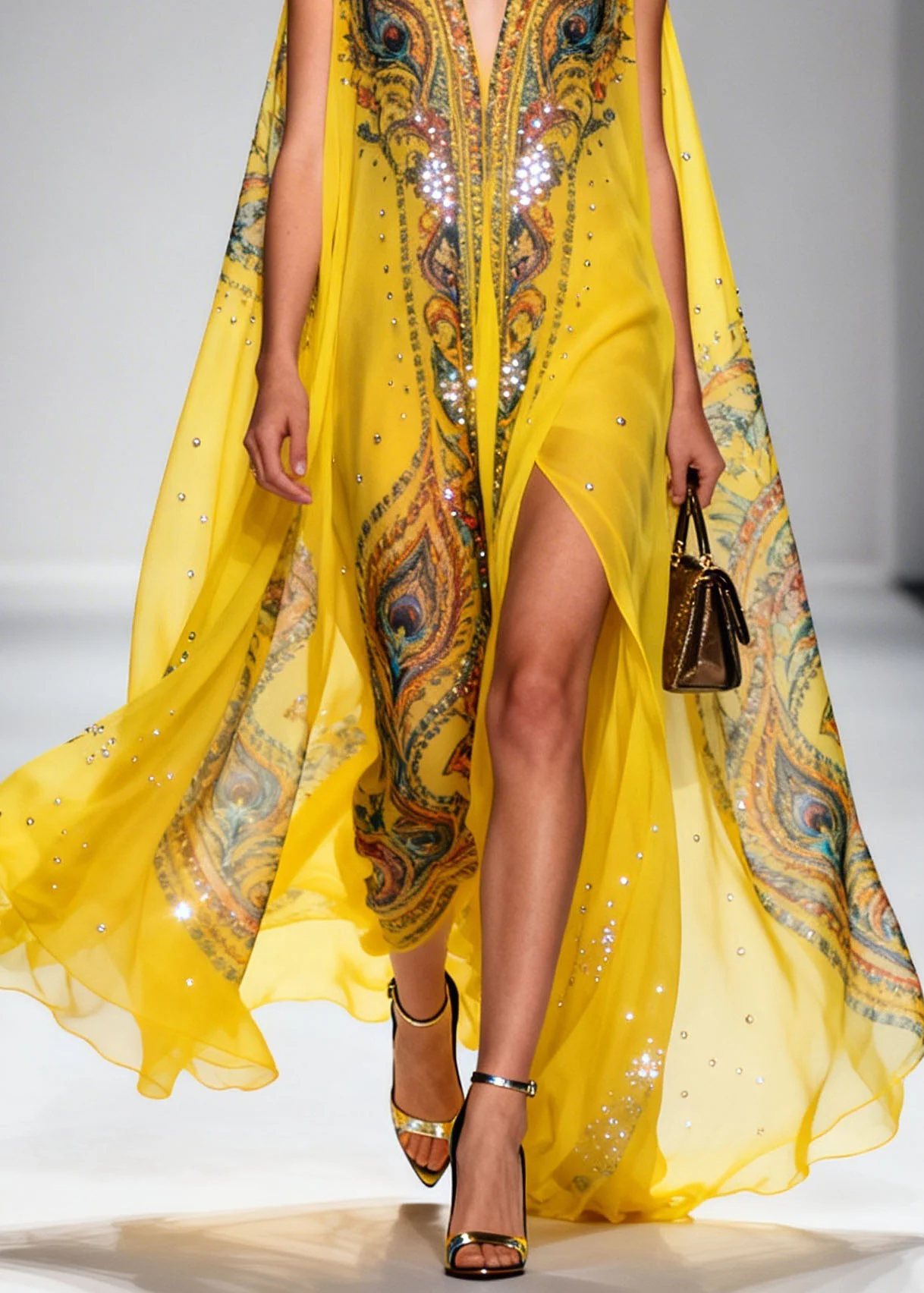 Original Design Yellow V Neck Print Zircon Chiffon Dress Summer - Image 4