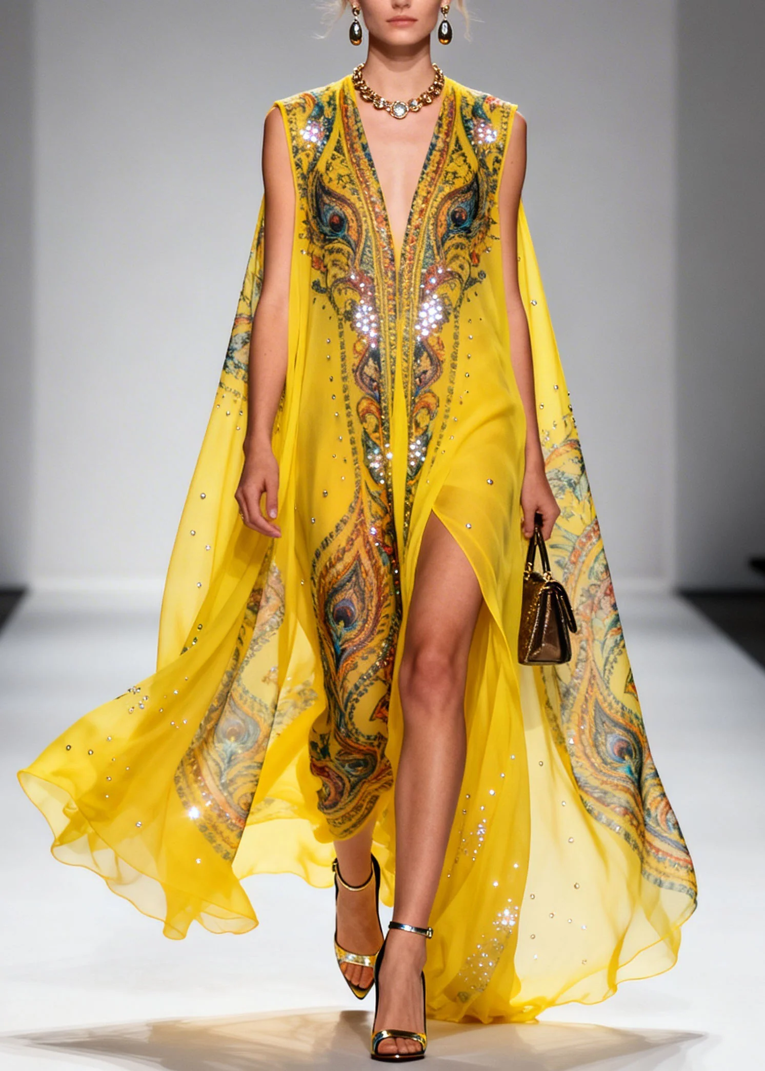 Original Design Yellow V Neck Print Zircon Chiffon Dress Summer - Image 5