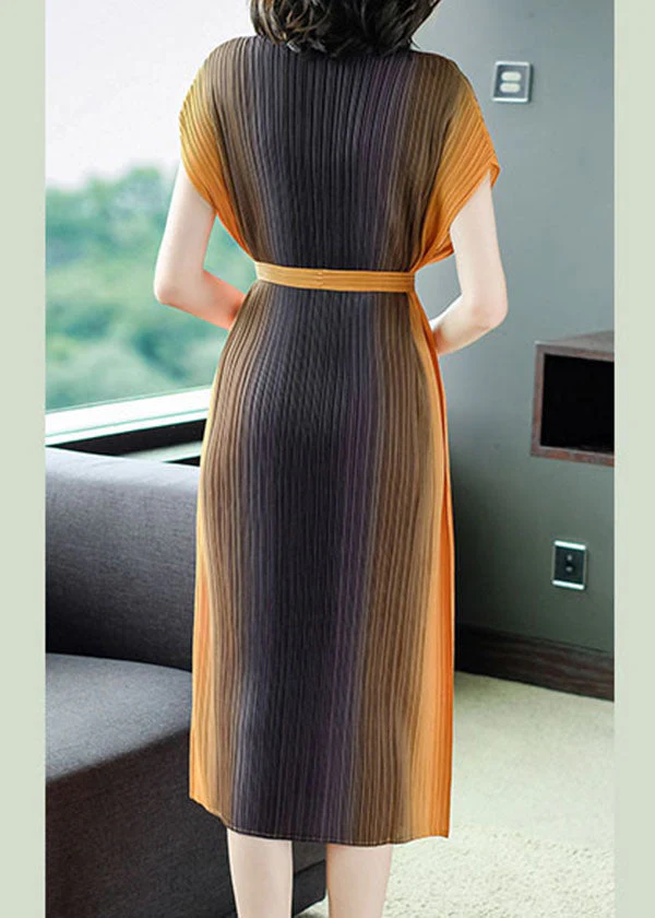 Original Design Yellow V Neck Wrinkled Chiffon Dresses Short Sleeve - Image 4