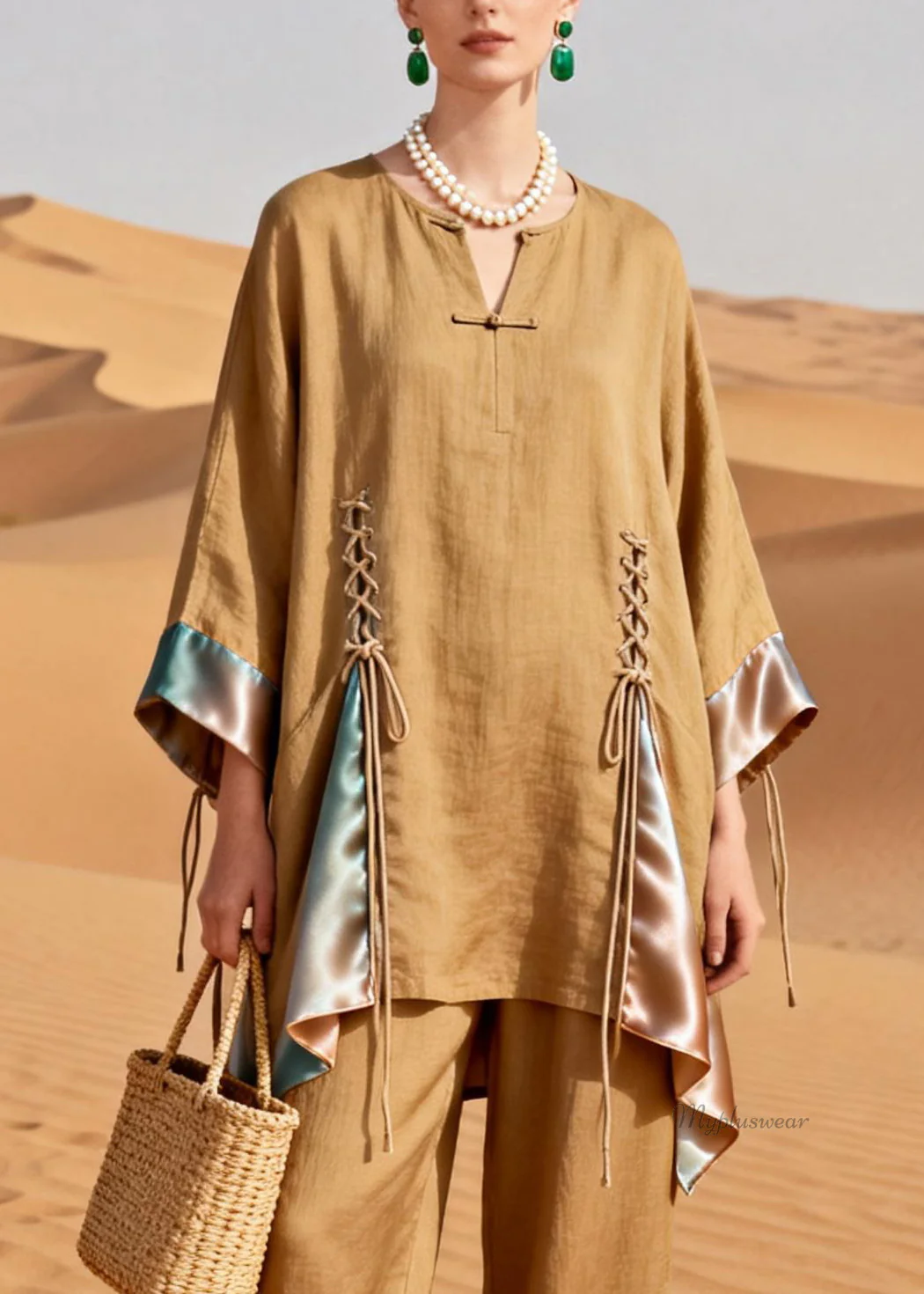 Original DesignKhaki Lace Up Patchwork Silk Linen Two Pieces Set - Image 2