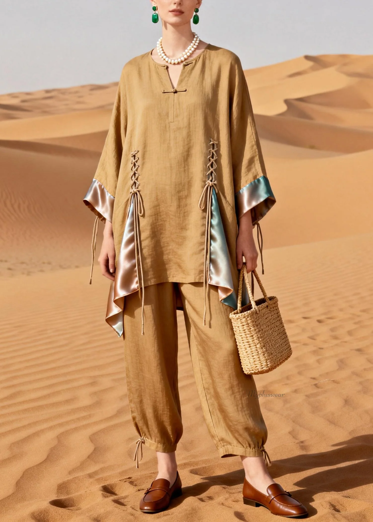 Original DesignKhaki Lace Up Patchwork Silk Linen Two Pieces Set - Image 3