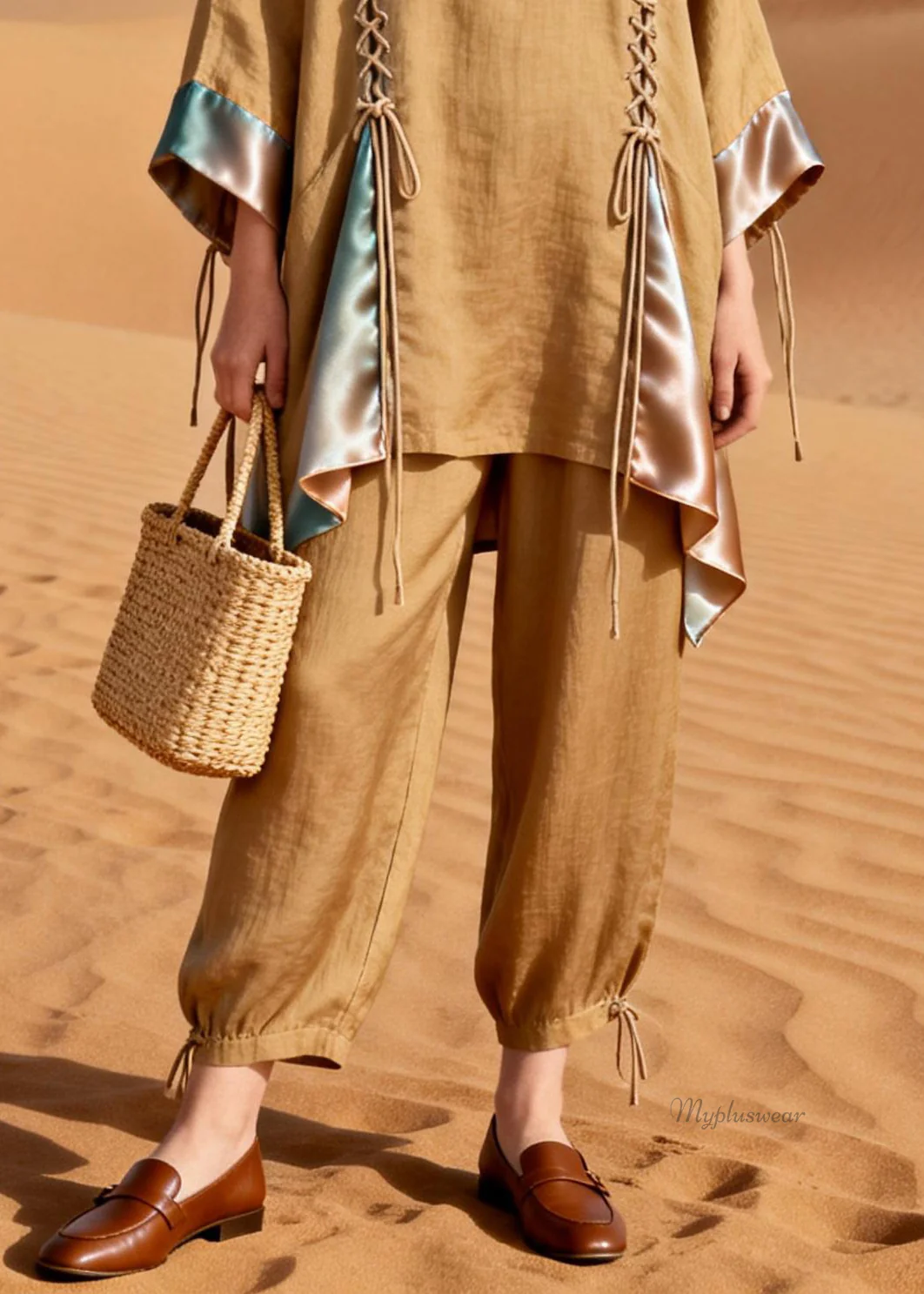 Original DesignKhaki Lace Up Patchwork Silk Linen Two Pieces Set - Image 4