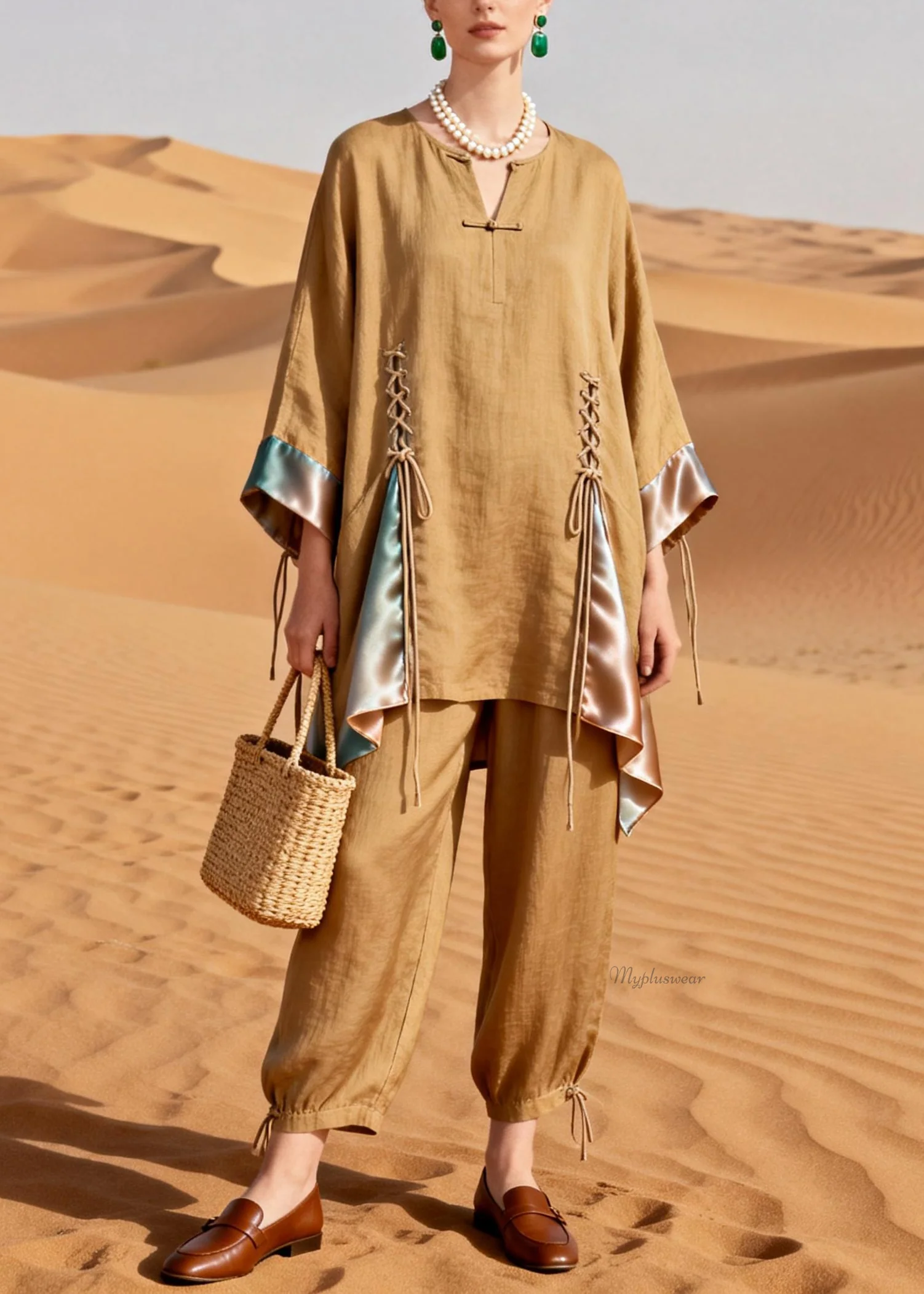 Original DesignKhaki Lace Up Patchwork Silk Linen Two Pieces Set - Image 5