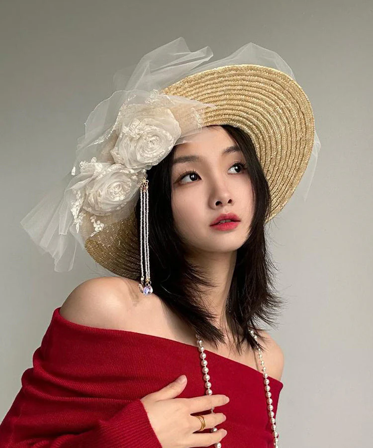 Original French Lace Flower Tulle Tassel Straw Woven Hat - Image 2