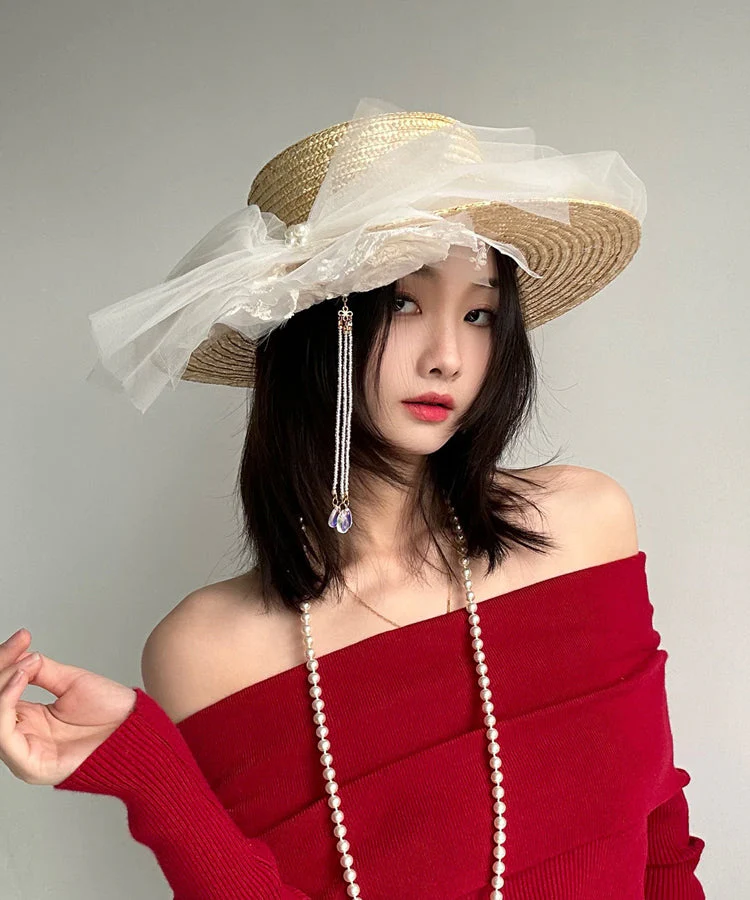 Original French Lace Flower Tulle Tassel Straw Woven Hat - Image 3