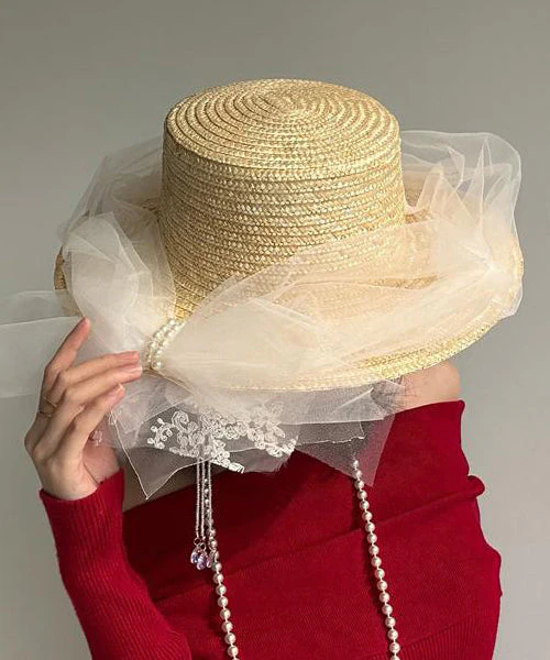 Original French Lace Flower Tulle Tassel Straw Woven Hat - Image 4