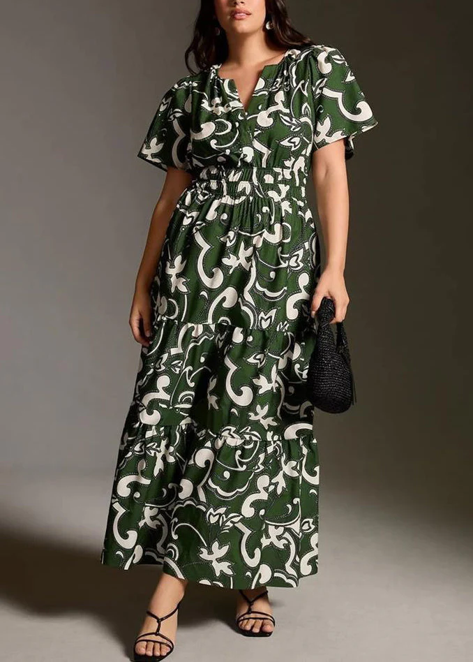 Original Green Print Pockets Cotton Long Dress Summer - Image 2
