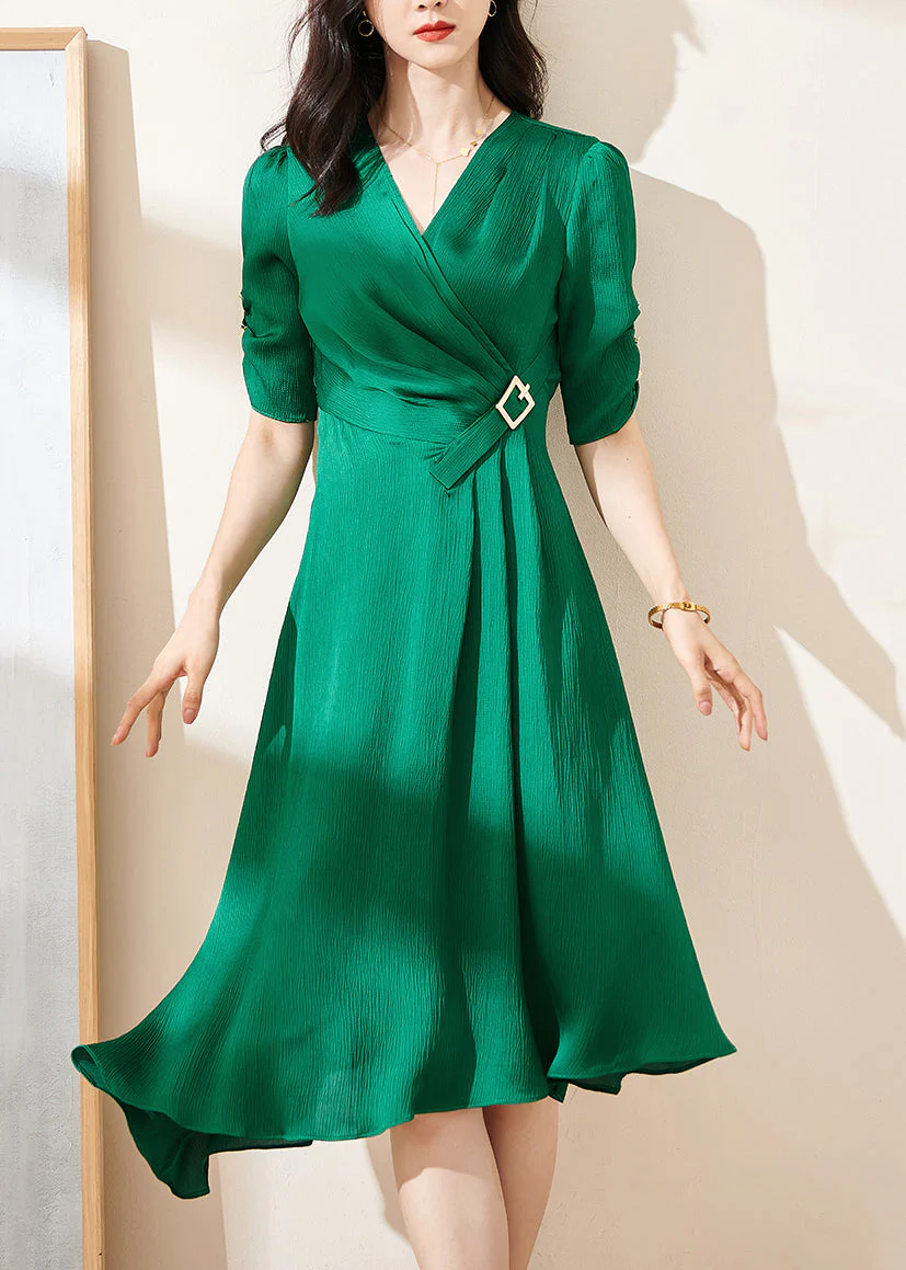 Original Green V Neck Wrinkled High Waist Cotton Dresses Summer - Image 2