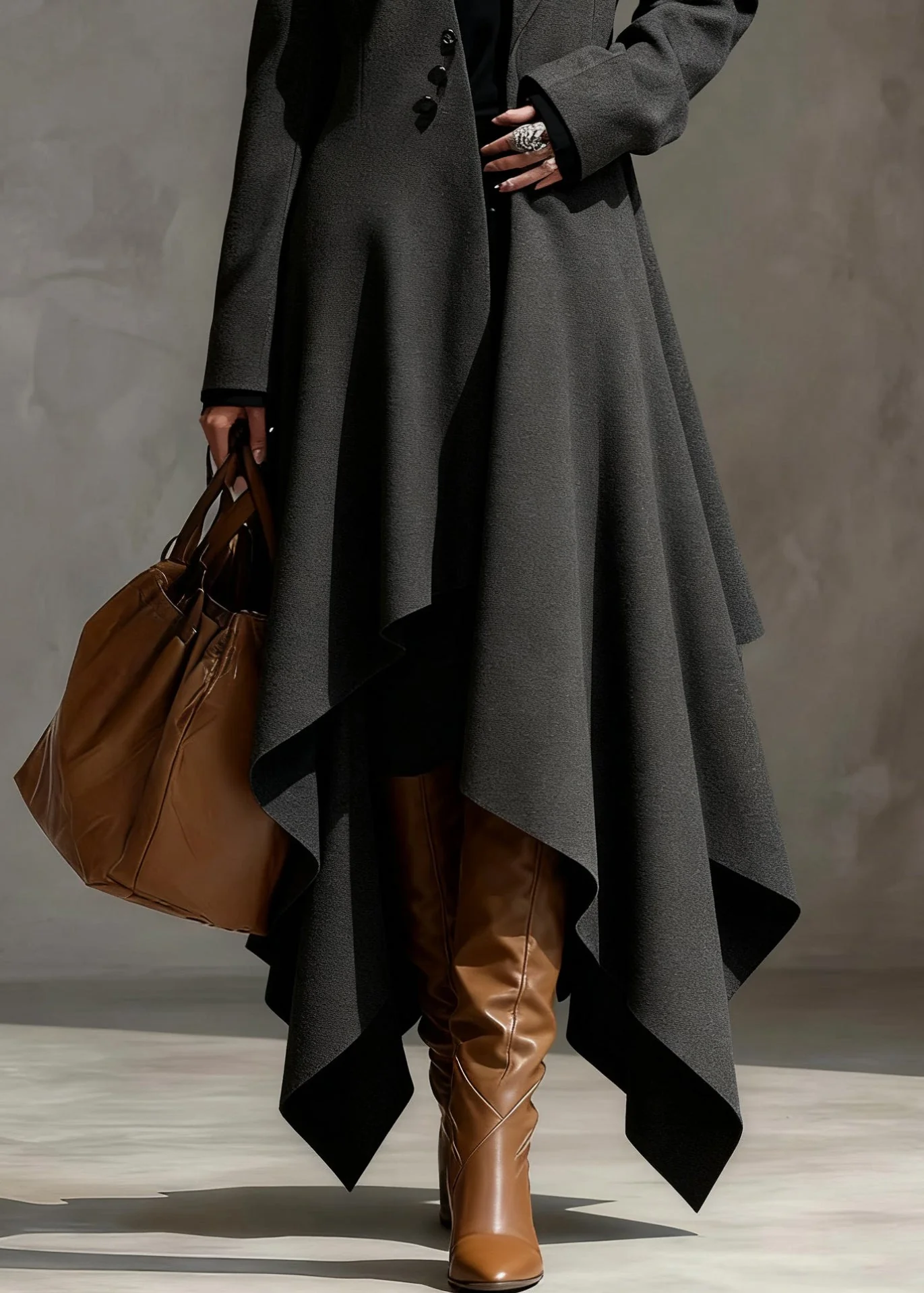 Original Grey Asymmetrical Button Woolen Long Coats Spring - Image 4