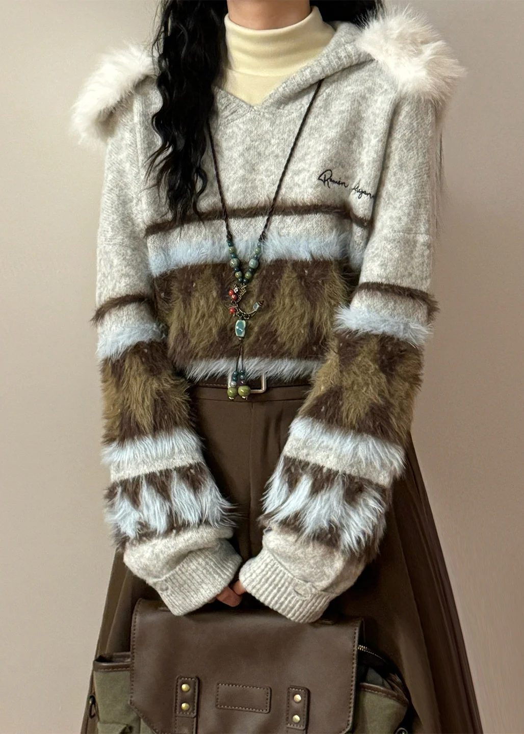 Original Grey Hooded Hole Fluffy Patchwork Knit Sweater Winter