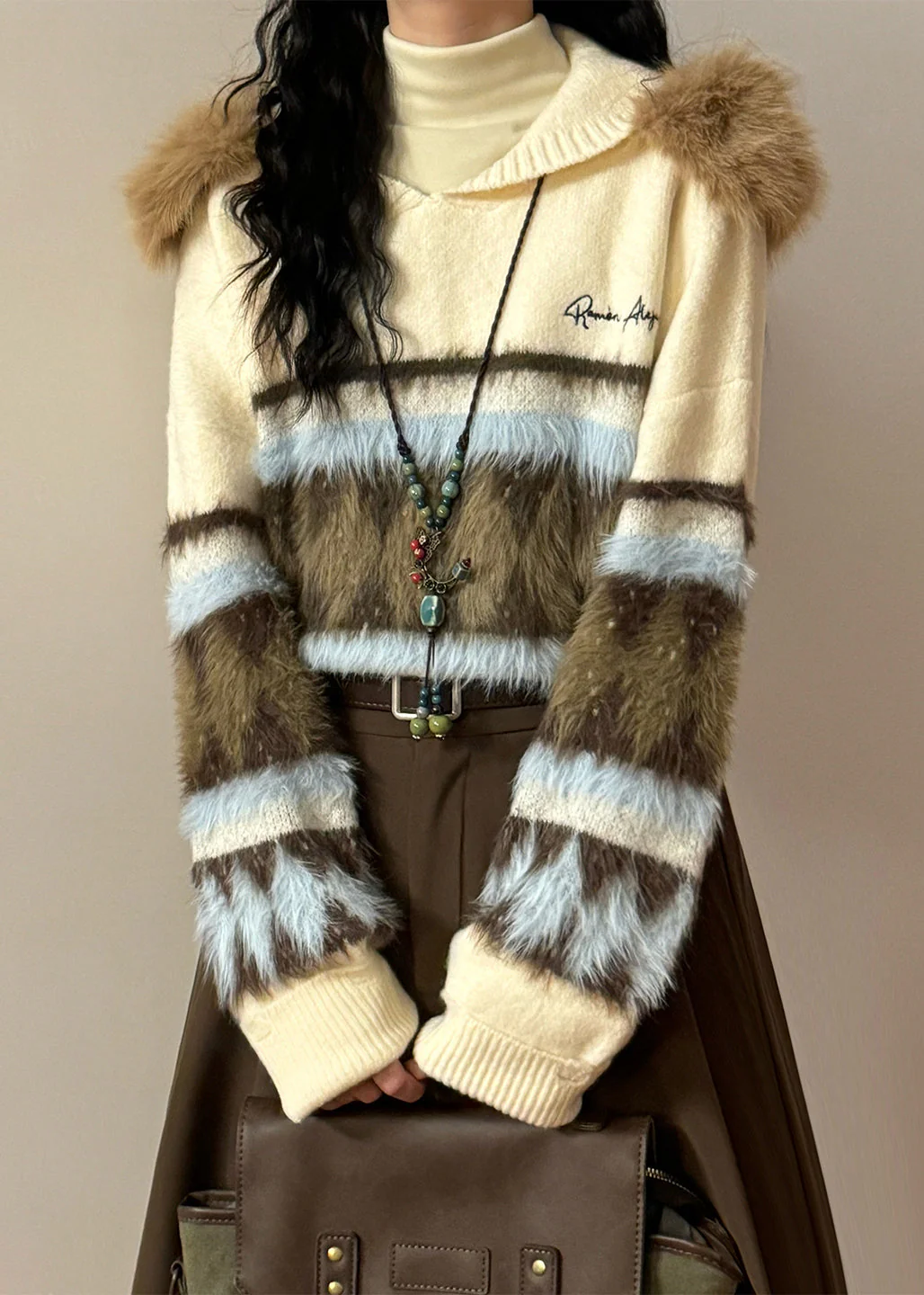 Original Grey Hooded Hole Fluffy Patchwork Knit Sweater Winter - Image 2