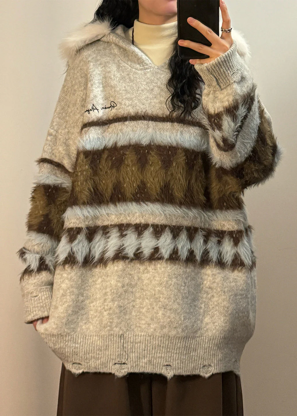 Original Grey Hooded Hole Fluffy Patchwork Knit Sweater Winter - Image 3