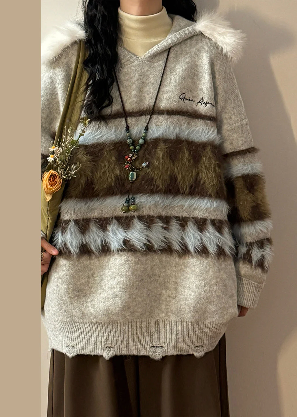 Original Grey Hooded Hole Fluffy Patchwork Knit Sweater Winter - Image 4