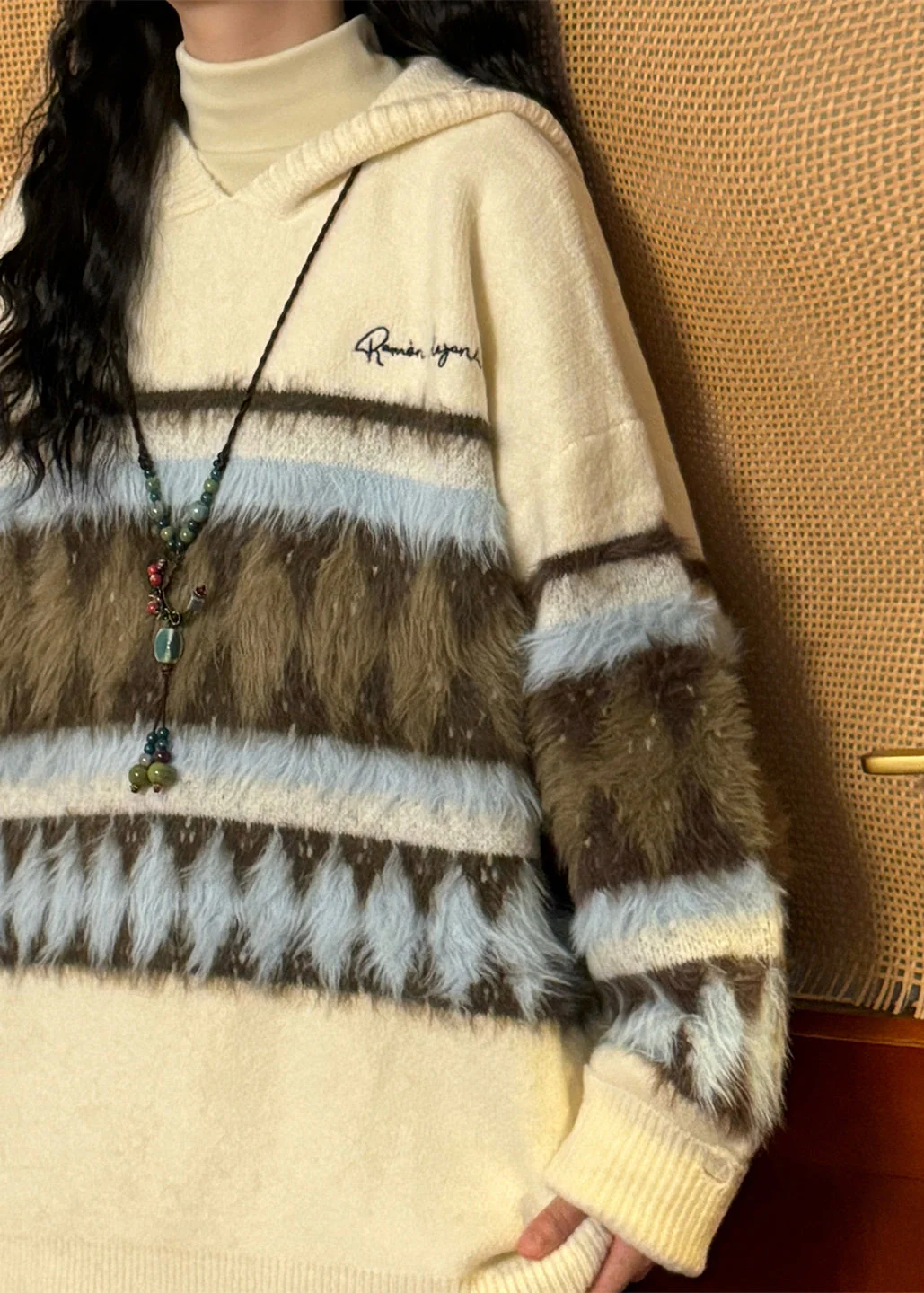 Original Grey Hooded Hole Fluffy Patchwork Knit Sweater Winter - Image 5