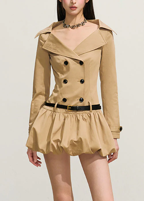 Original Khaki Double Breast Sashes Cotton Mini Dresses Fall - Image 2