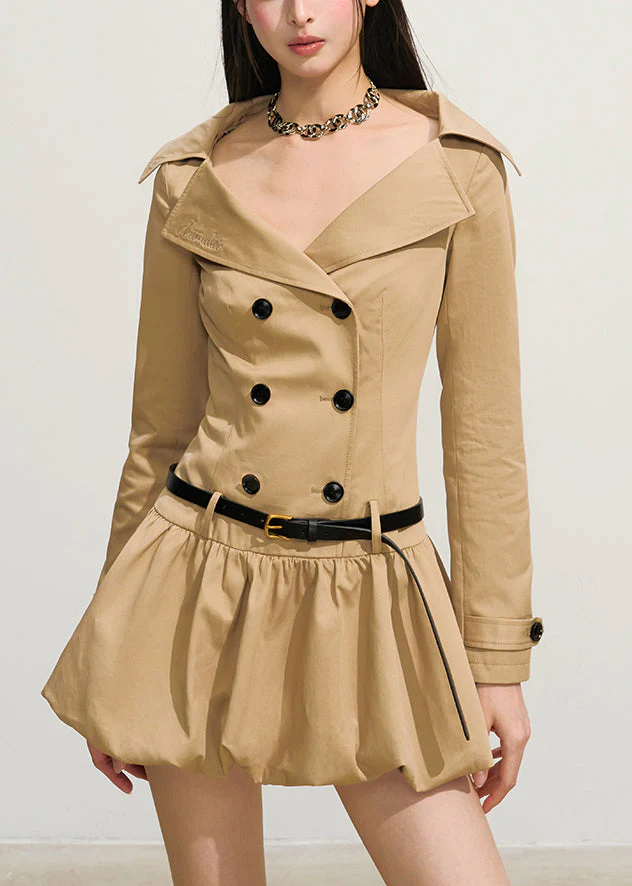 Original Khaki Double Breast Sashes Cotton Mini Dresses Fall - Image 3