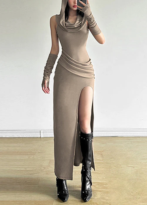 Original Khaki Hooded Side Open Wrinkled Cotton Dress Summer - Image 2