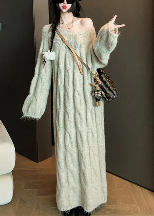Original Khaki O Neck Hollow Out Solid Knit Sweater Dress - Image 2