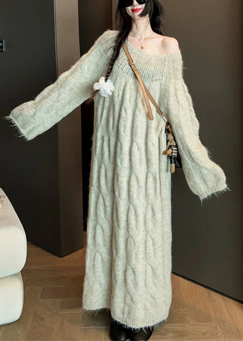 Original Khaki O Neck Hollow Out Solid Knit Sweater Dress - Image 3