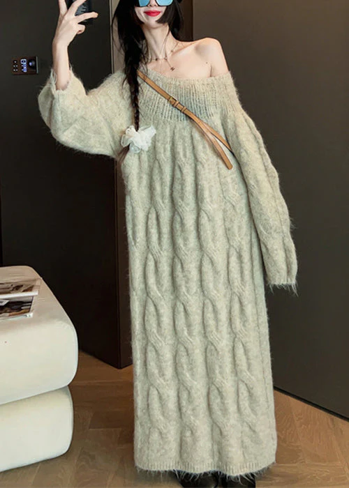 Original Khaki O Neck Hollow Out Solid Knit Sweater Dress - Image 4