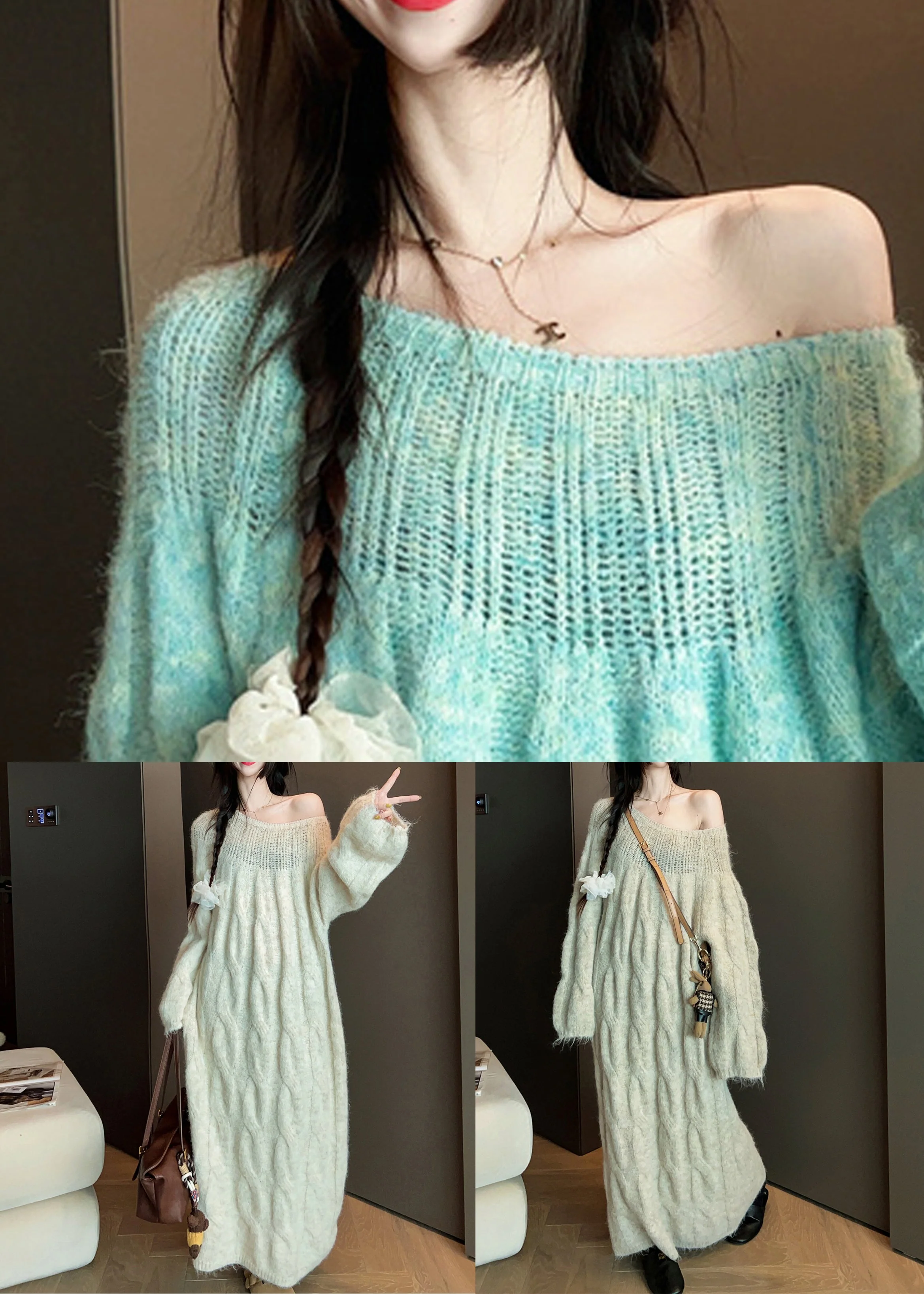 Original Khaki O Neck Hollow Out Solid Knit Sweater Dress - Image 5