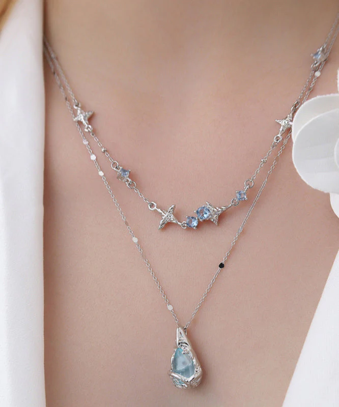 Original Light Blue Copper Alloy Gem Stone Water Droplet Pendant Necklace - Image 3