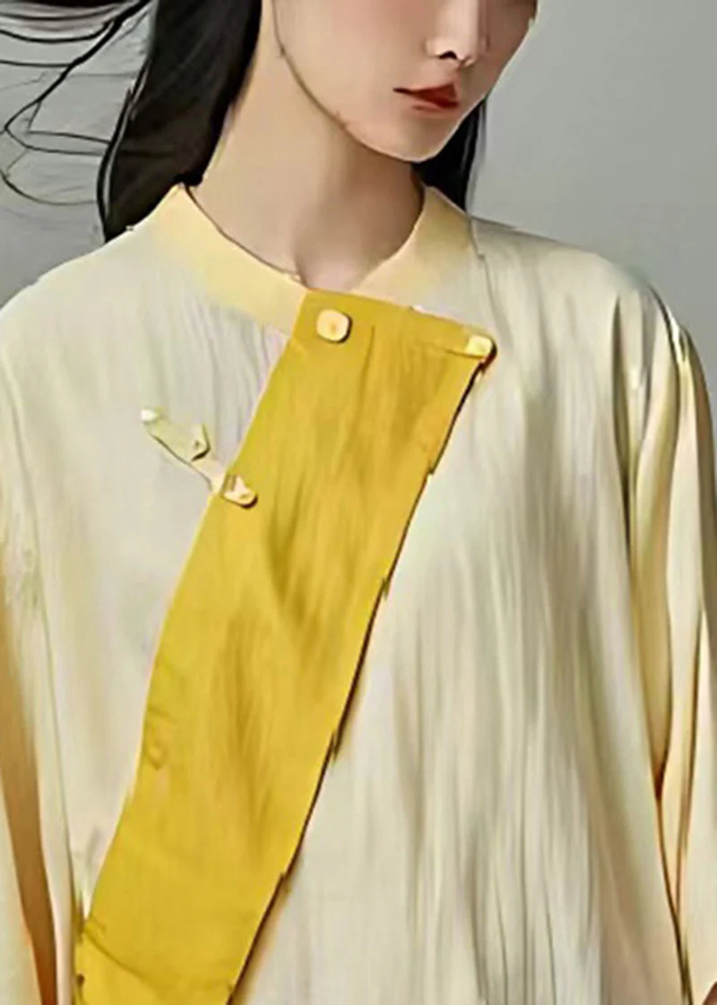 Original Light Yellow Asymmetrical Patchwork Linen Mid Dress Summer - Image 3