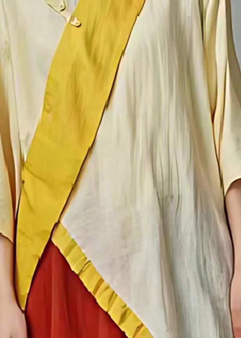Original Light Yellow Asymmetrical Patchwork Linen Mid Dress Summer - Image 4