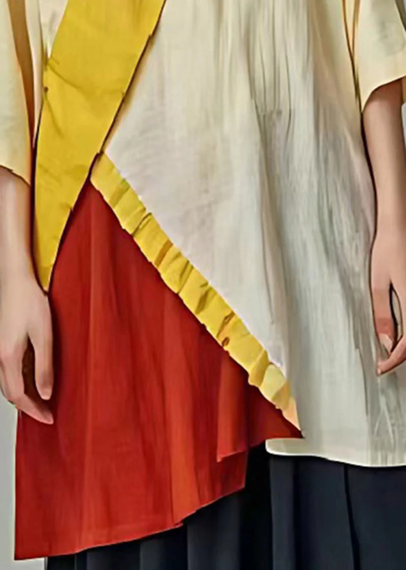 Original Light Yellow Asymmetrical Patchwork Linen Mid Dress Summer - Image 5