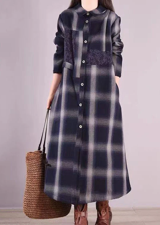Original Navy Peter Pan Collar Plaid Warm Fleece Shirts Dress Fall - Image 2