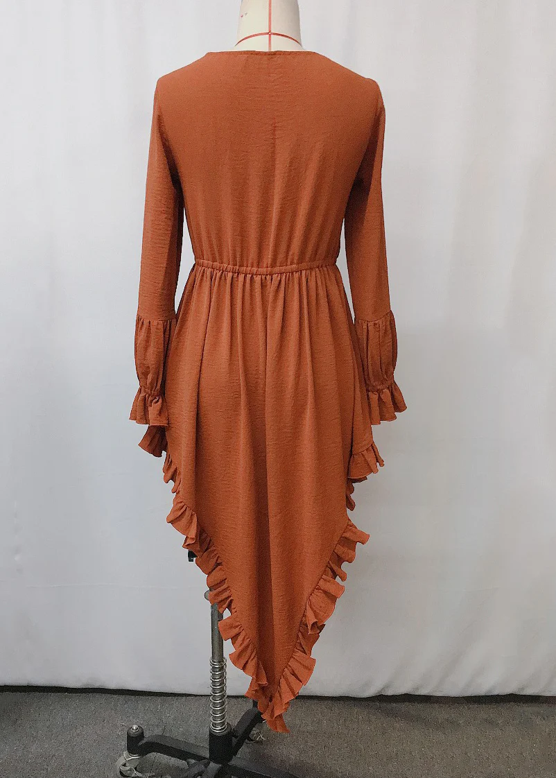 Original Orange Ruffled Low High Design Cotton Dress Spring - Image 5