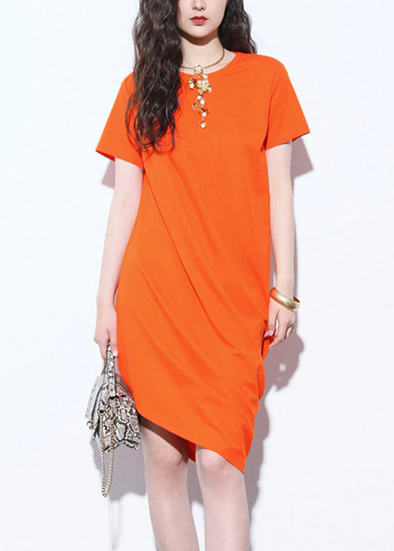 Original Orange Wrinkled Asymmetrical Mid Dress Summer - Image 2