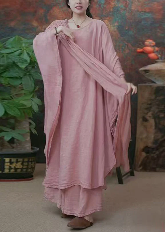 Original Pink Bow Dress And Wide Leg Pants Linen Two Pieces Set Batwing Sleeve - Image 3