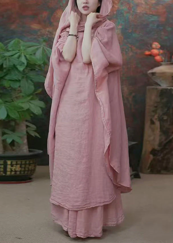 Original Pink Bow Dress And Wide Leg Pants Linen Two Pieces Set Batwing Sleeve - Image 4