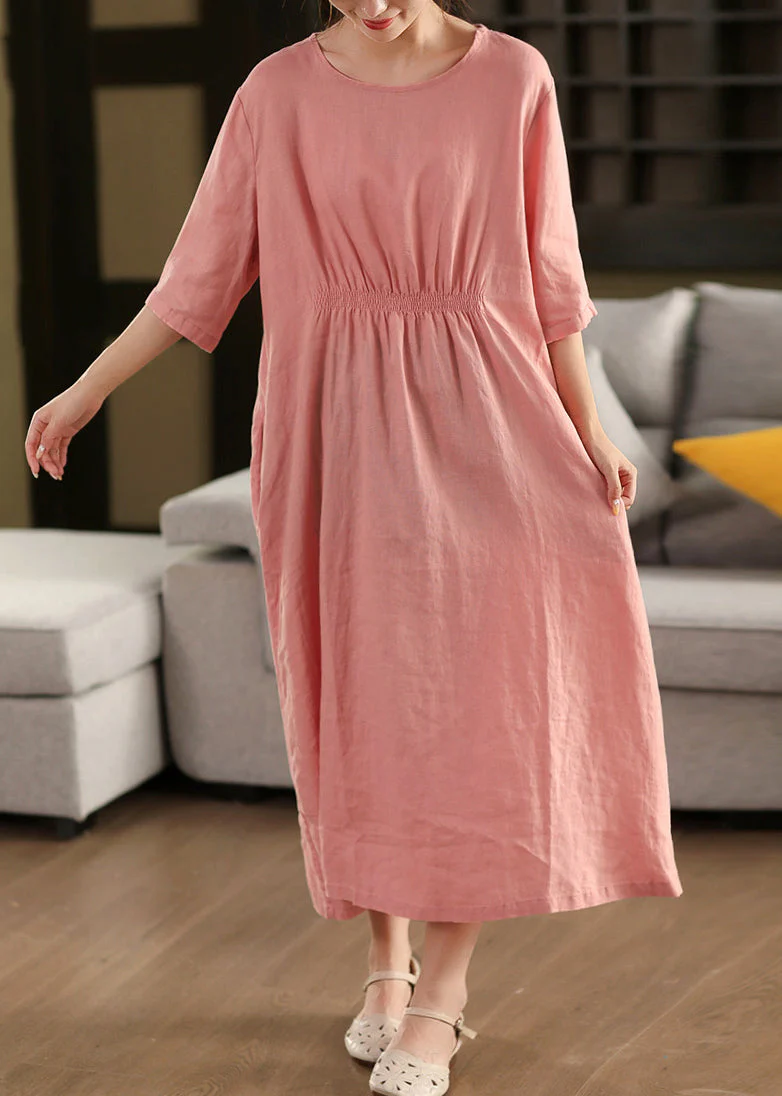 Original Pink O Neck Wrinkled Linen Long Dress Half Sleeve - Image 3