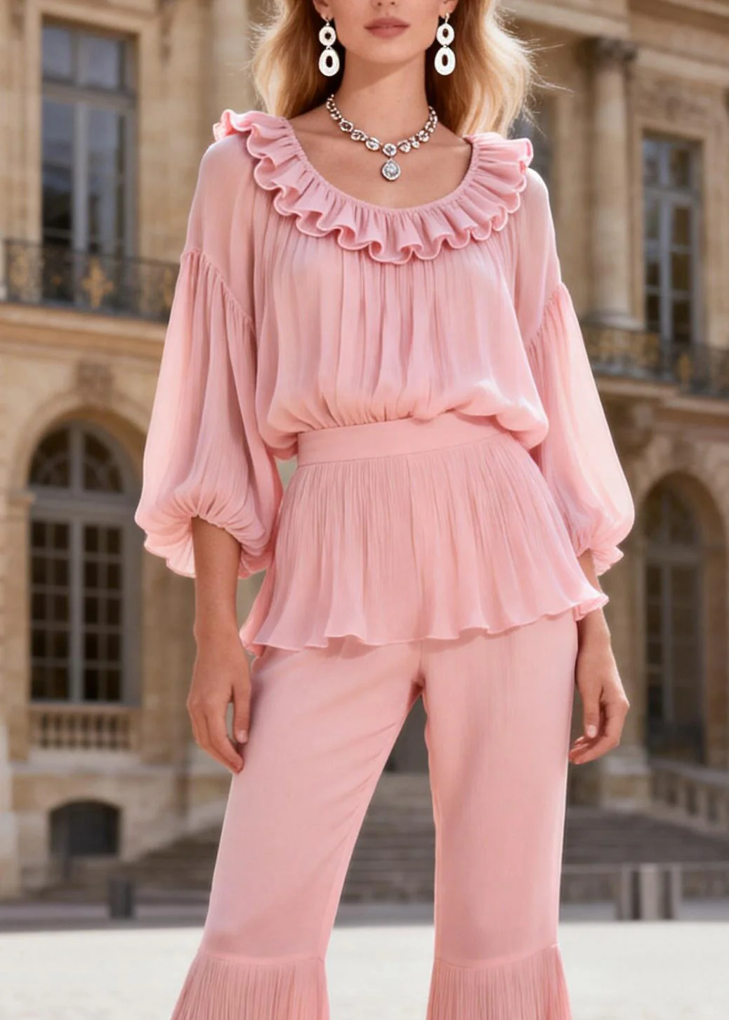 Original Pink Ruffled Patchwork Silk Two Piece Set Women Clothing Summer - Image 2