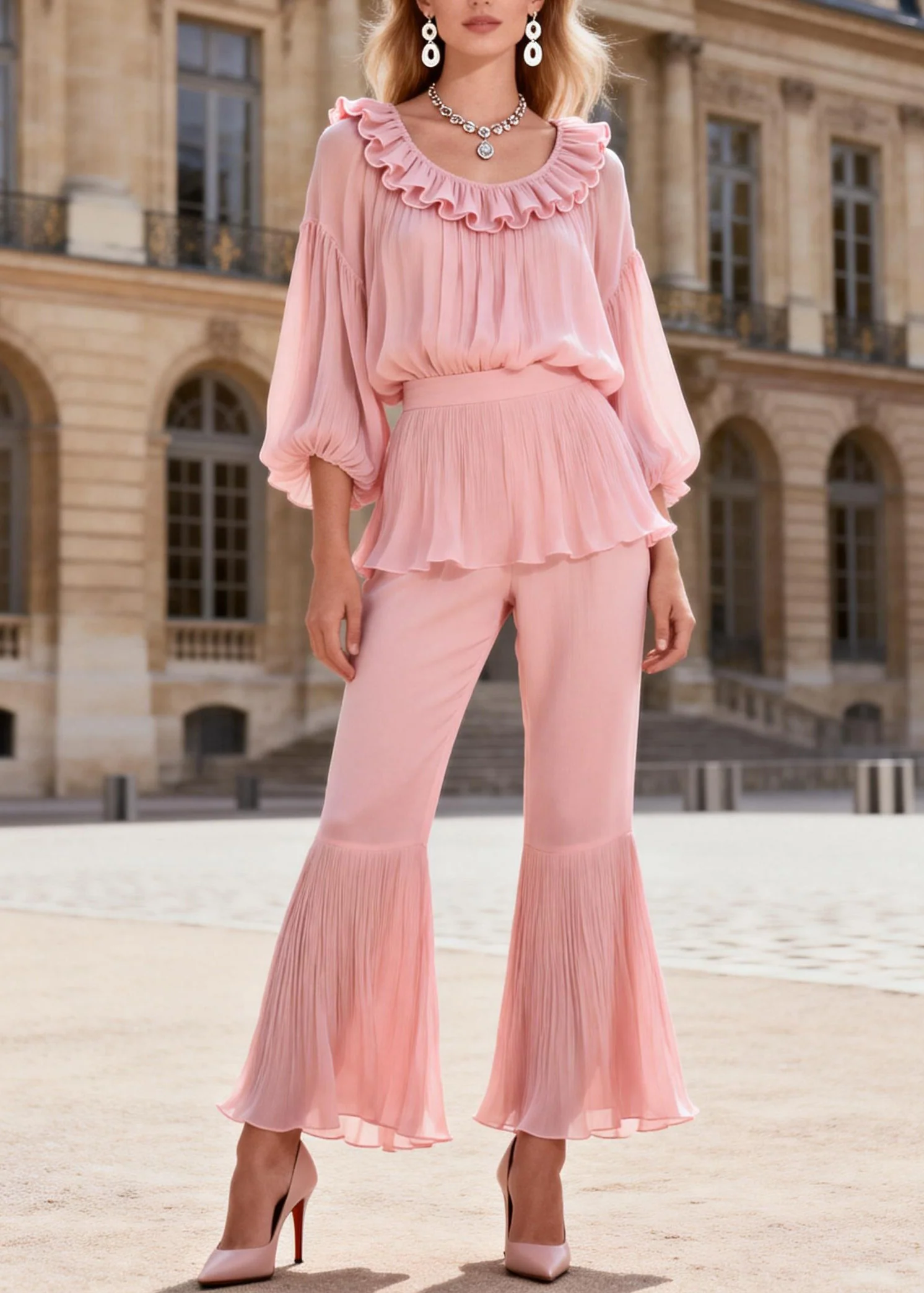 Original Pink Ruffled Patchwork Silk Two Piece Set Women Clothing Summer - Image 5