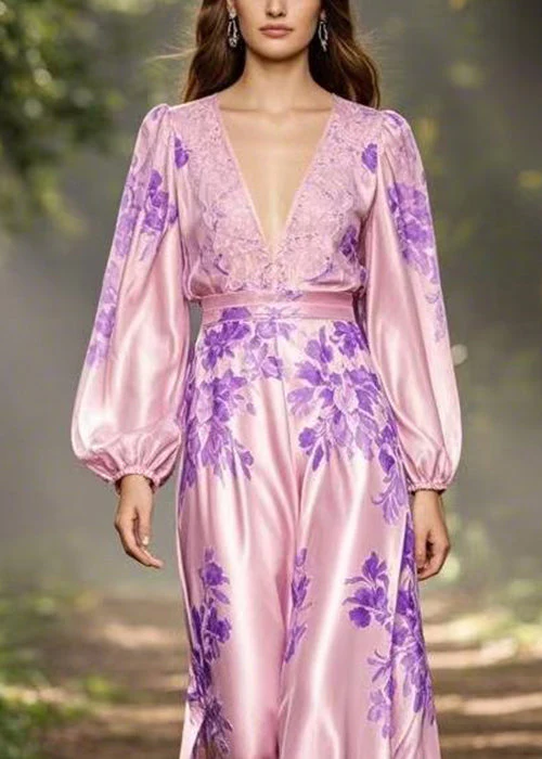Original Pink V Neck Print High Waist Silk Dresses Spring - Image 2