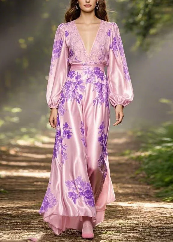 Original Pink V Neck Print High Waist Silk Dresses Spring - Image 3