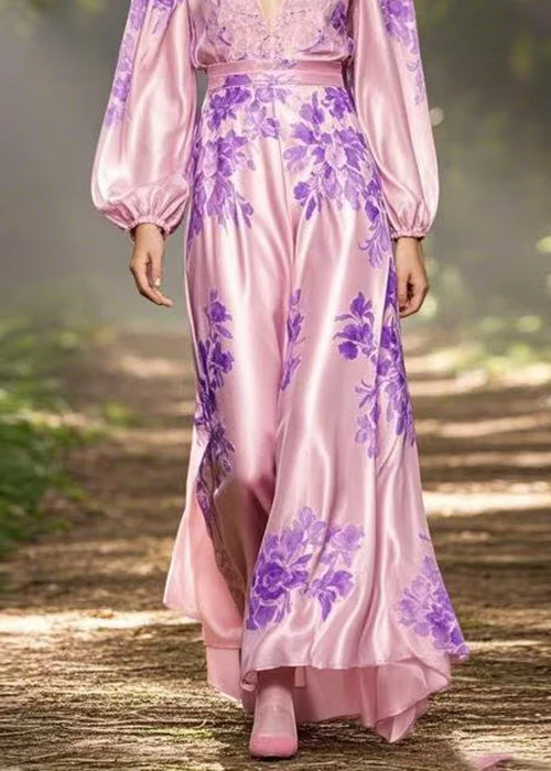 Original Pink V Neck Print High Waist Silk Dresses Spring - Image 4