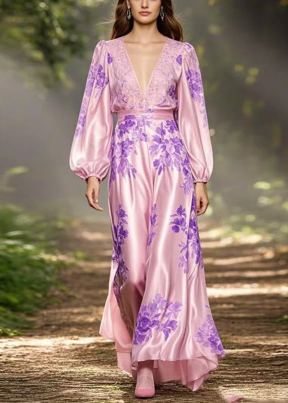 Original Pink V Neck Print High Waist Silk Dresses Spring - Image 5