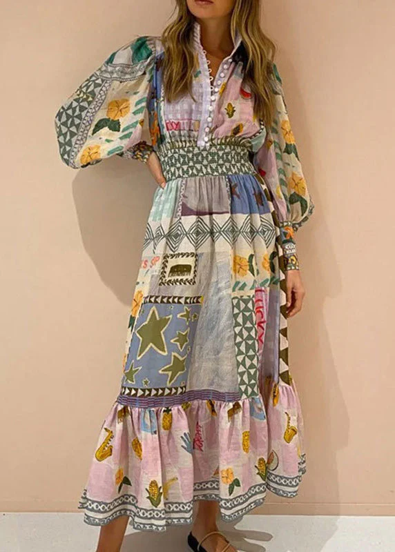 Original Print Button High Waist Cotton Long Dresses Lantern Sleeve - Image 2