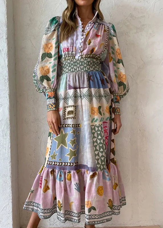 Original Print Button High Waist Cotton Long Dresses Lantern Sleeve - Image 3
