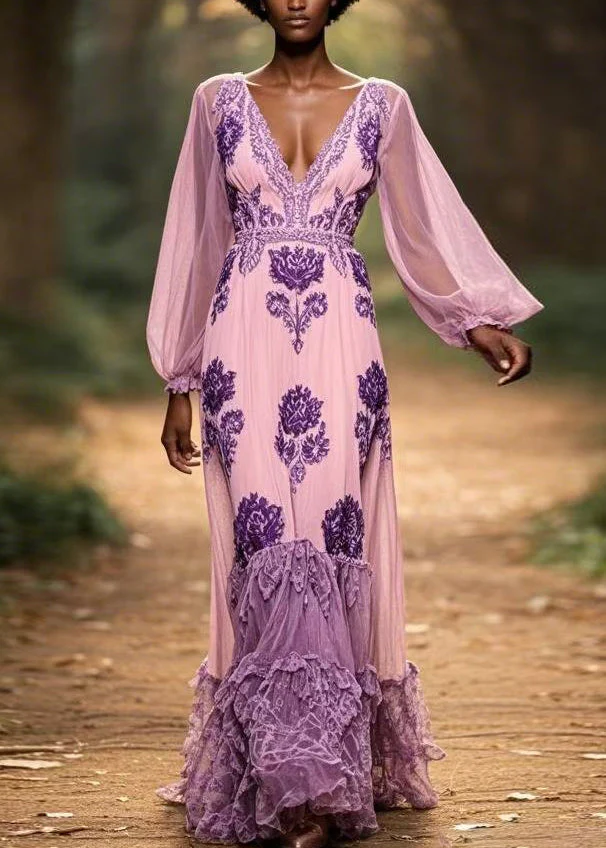 Original Purple V Neck Ruffled Print Chiffon Maxi Dresses Spring - Image 5