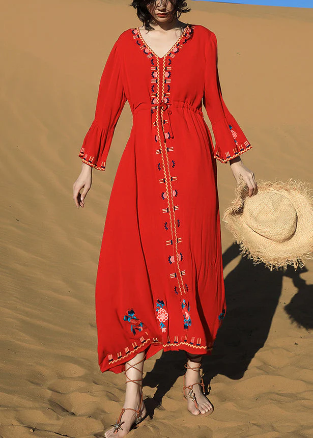 Original Red Embroidered Tie Waist Cotton Long Dresses Fall - Image 2