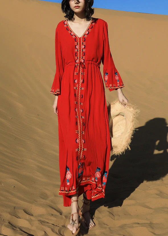 Original Red Embroidered Tie Waist Cotton Long Dresses Fall - Image 3