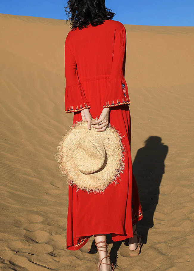Original Red Embroidered Tie Waist Cotton Long Dresses Fall - Image 4