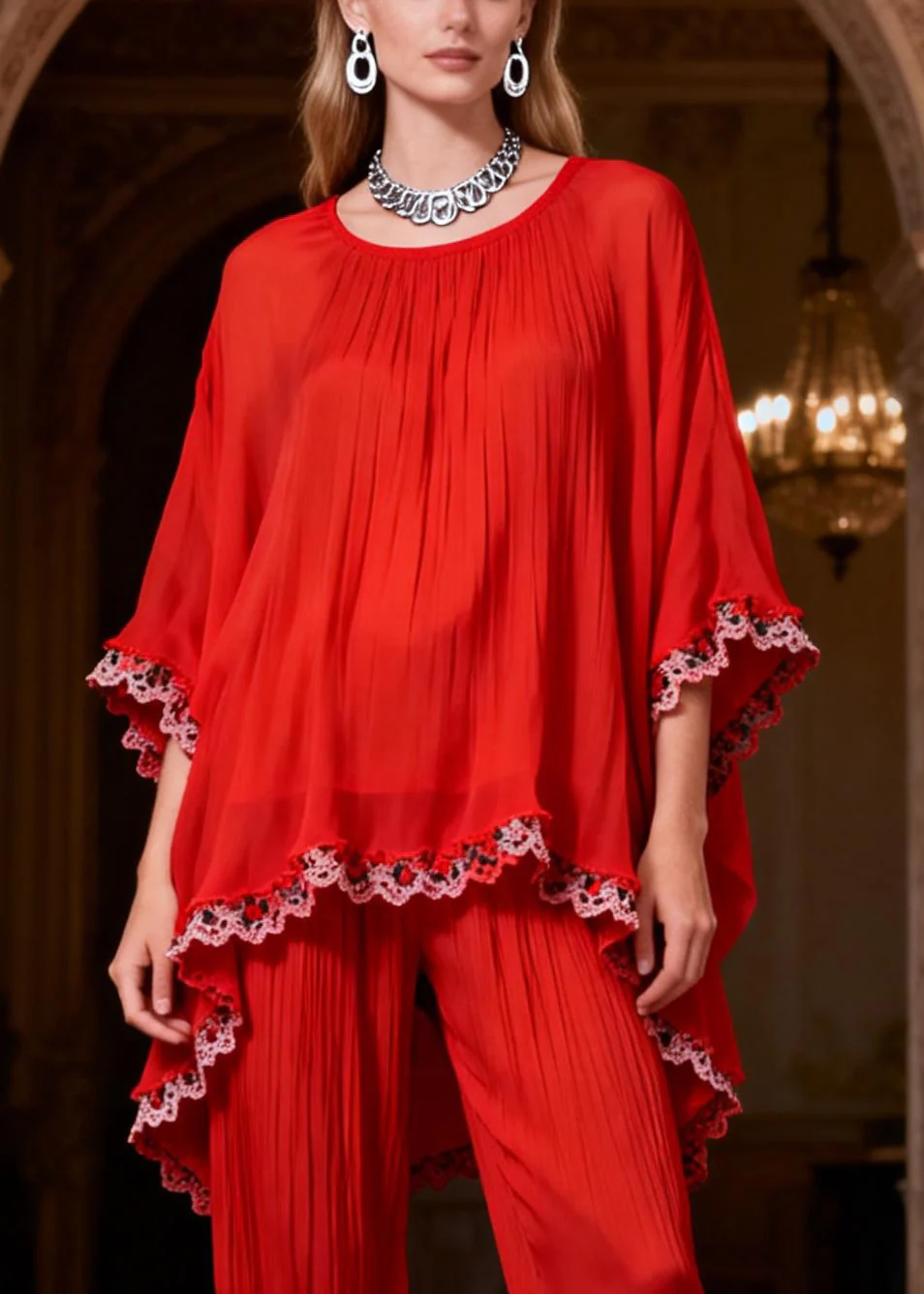 Original Red Low High Design Lace Patchwork Two Pieces Set Bracelet Sleeve - Image 2